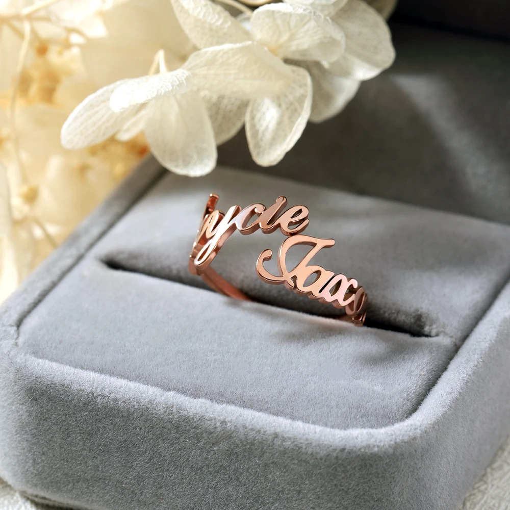 Customized Two Name Rings Stainless Steel Rings for Women Gold Personalized Couples Names on Ring New Mom Daughter Jewelry Gift