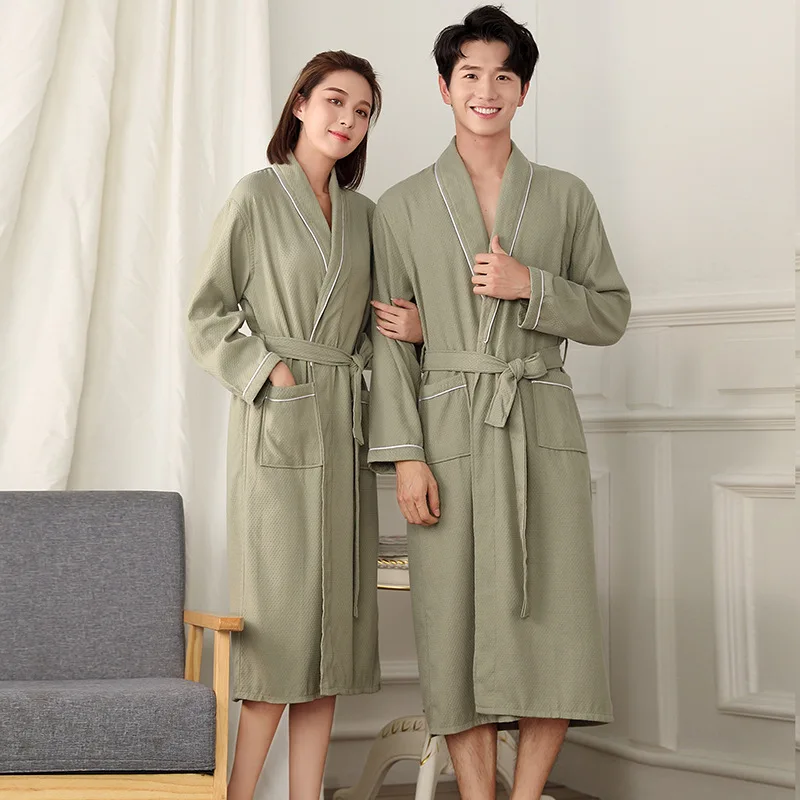 Unisex Summer Terry Robe Women Pure Cotton Bathrobe Lovers Robes Men Bathrobe Solid Towel Long Robe Sleepwear Size XXL