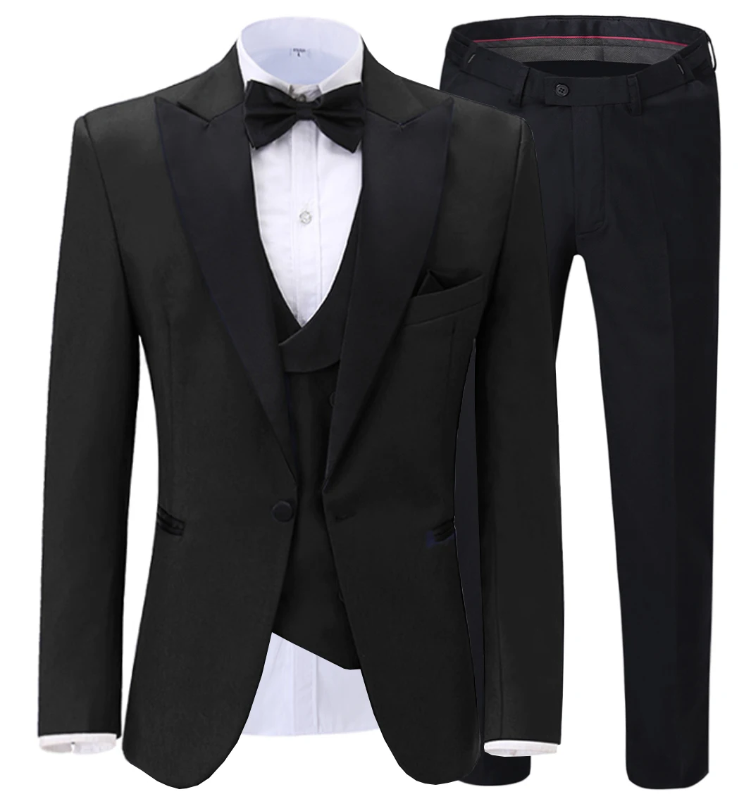 

Black/Champagne Mens Suits 3 piece Slim Fit Peaked Lapel V Neck Groomsmen Tuxedos Men Suits for Wedding(Jacket+Vest+Pants)