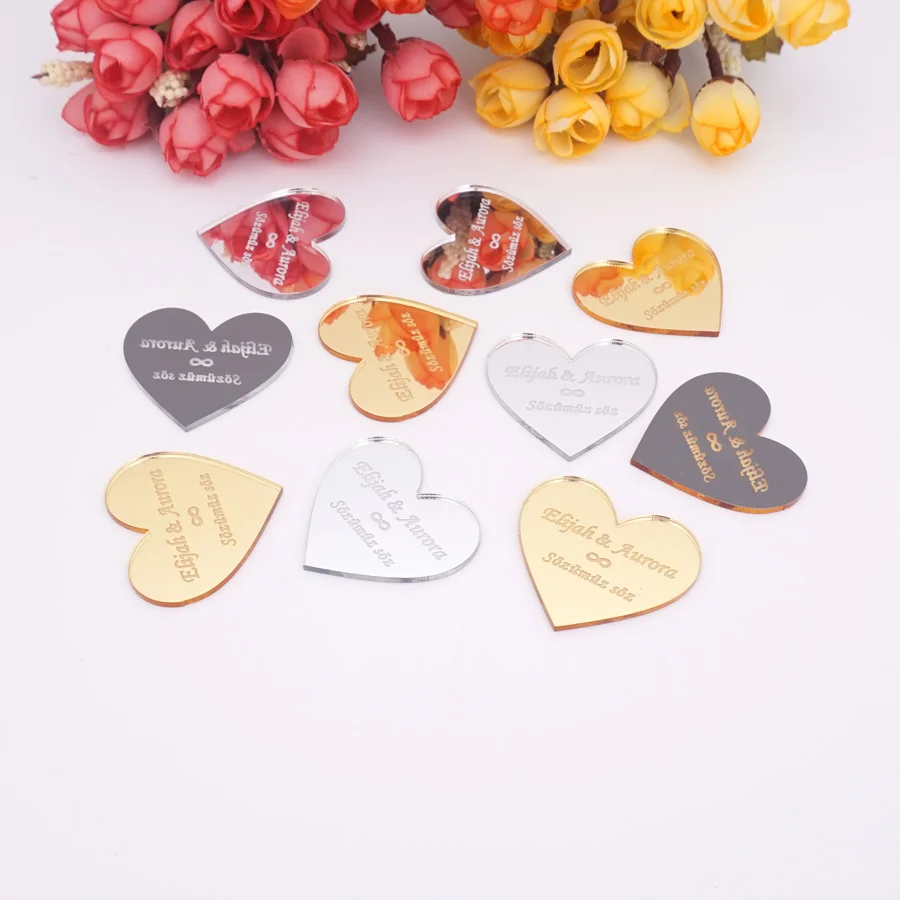 30pcs Custom Name Date Small Heart Party Gift Home Decoration Personalized Acrylic Mirror Tags Weeding Invitation Card