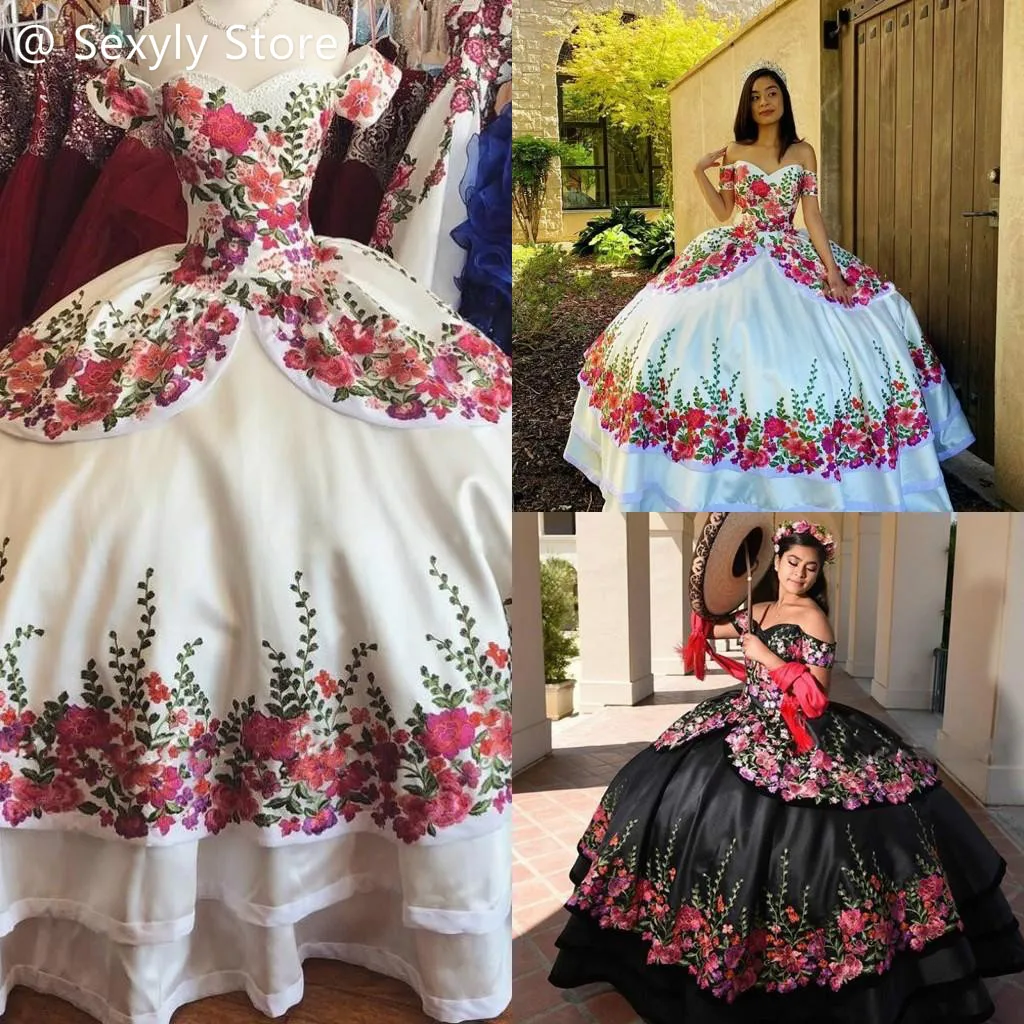 2021 Vintage biały czarny Quinceanera sukienki Charro Mexcian dziewczyny aplikacja kwiatowa warstwowa spódnica Off ramię słodkie 16 urodziny