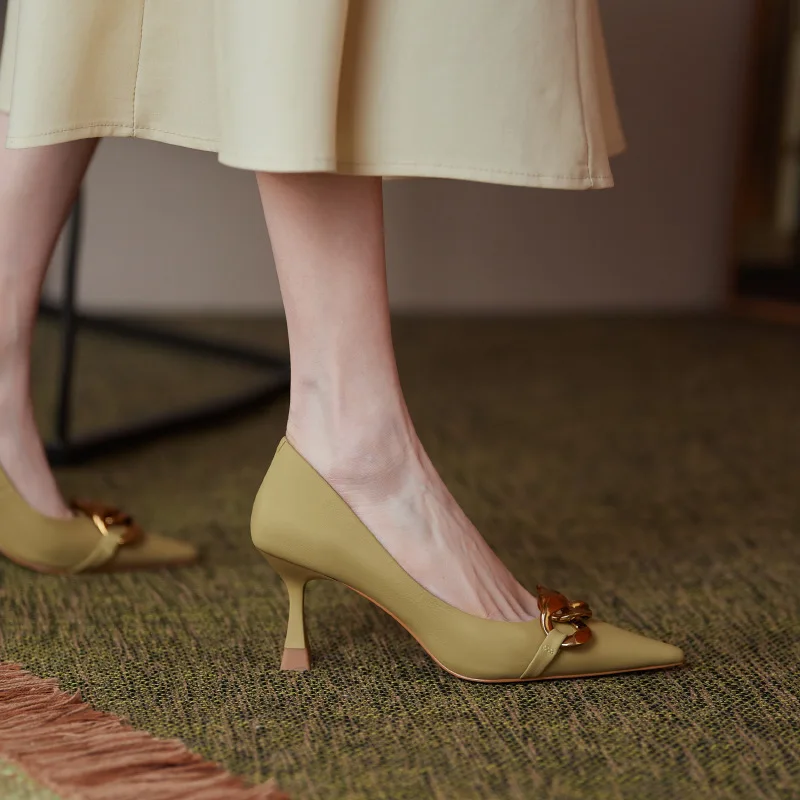Pointed Toe Women Pumps Metal Chain Shallow Design Thin High Heels Pumps Yellow Shoes Office Pumps Work Shoes Woman Size 34-39