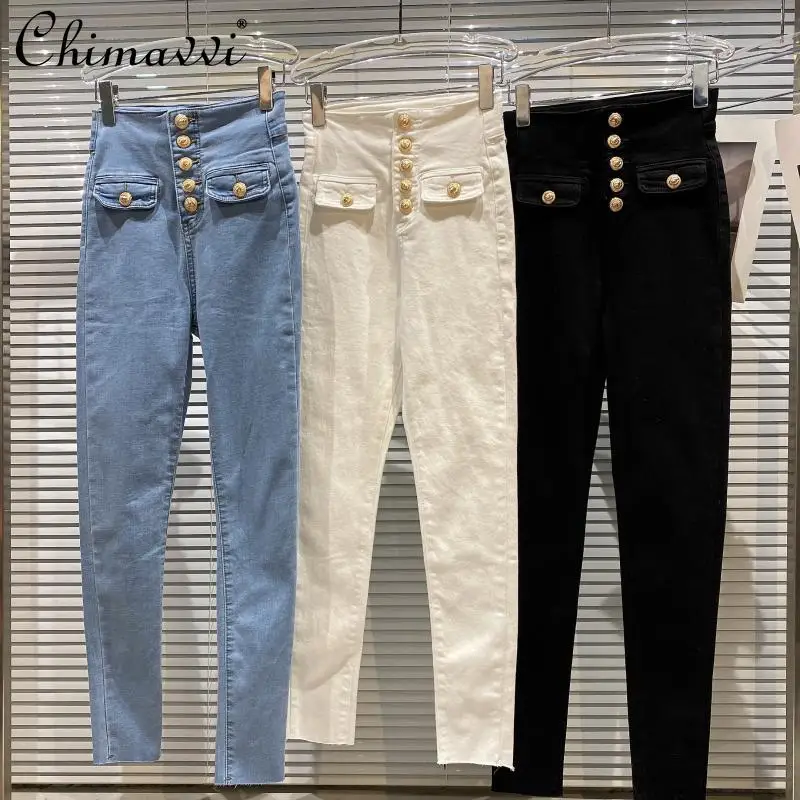 

Jeans Women Fashion 2021 New Autumn Slim Elastic High Waist Skinny Jeans Pencil Pants Buckles Female Winter Fleece Denim Pants