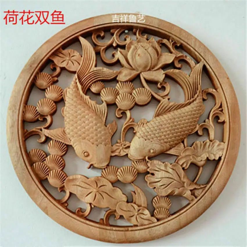 Chinese Hand Carved  Statue camphor wood round plate wall sculpture