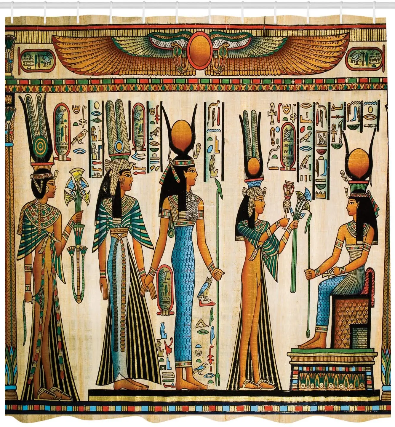 Teal Orange Egyptian Print Shower Curtain Egyptian Papyrus Depicting Queen Nefertari Making an Offering to Isis Image