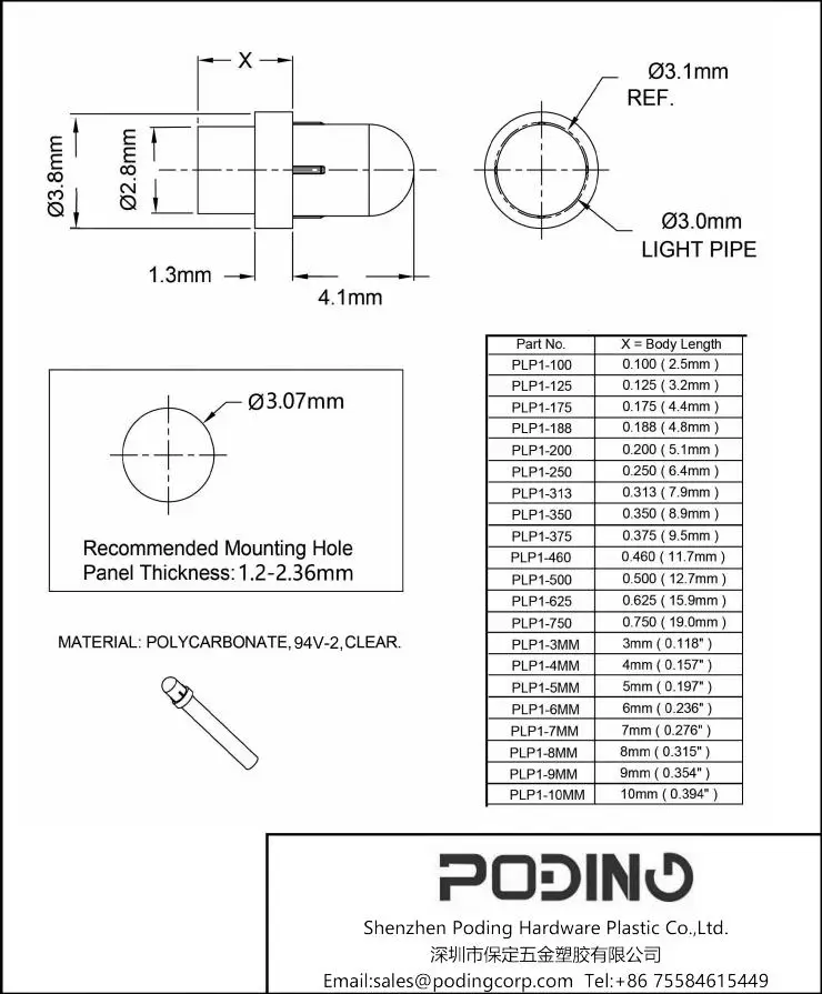 50pcs/lot Poding Clear DIA 3 MM LED Light Pipe RoHS Plastic Round Head Light Guide Pipe PLP1-XXX Series