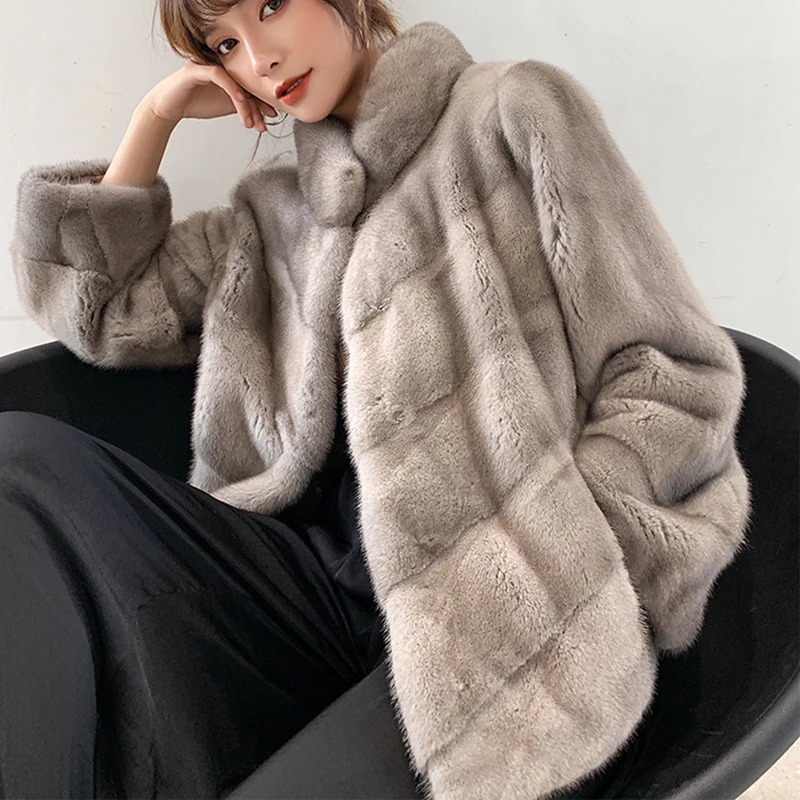 Women's Whole Natural Mink Fur Jacket, Regular Medium Slim Women Coat, Popular Stand Collar, Real Female Mink Fur Woman clothes