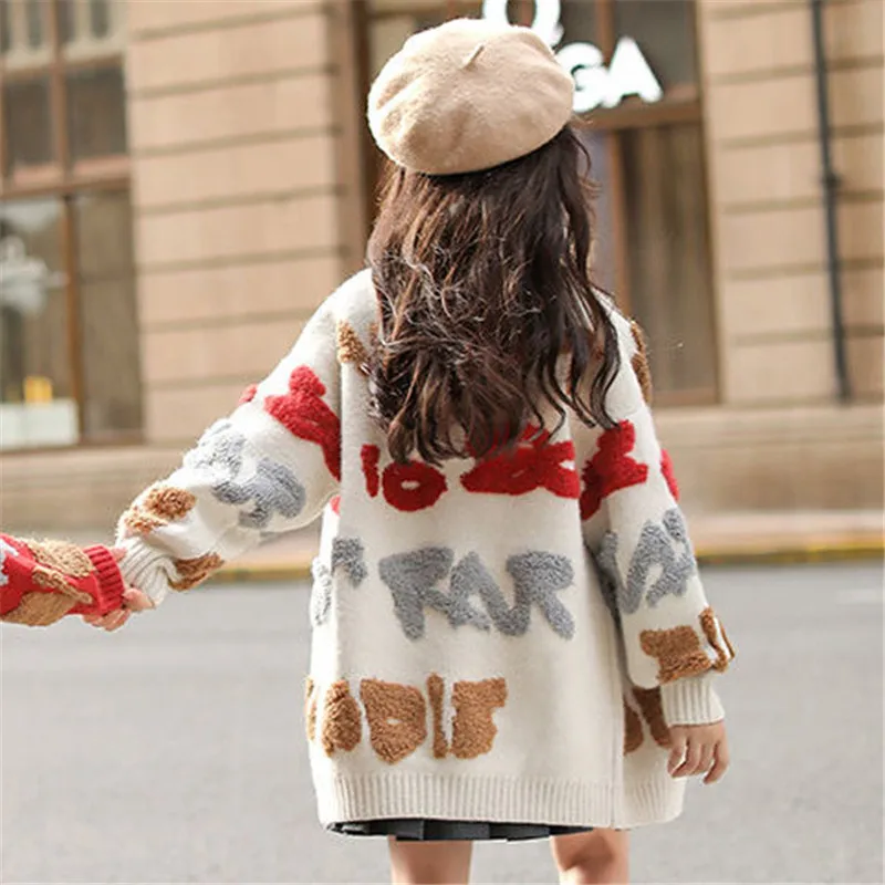 Girls Clothing Knit Cardigan Sweaters Letters Embroidered Sweater Coats Loose Thicken Long Cardigan Knitwear Overcoat Print Kids