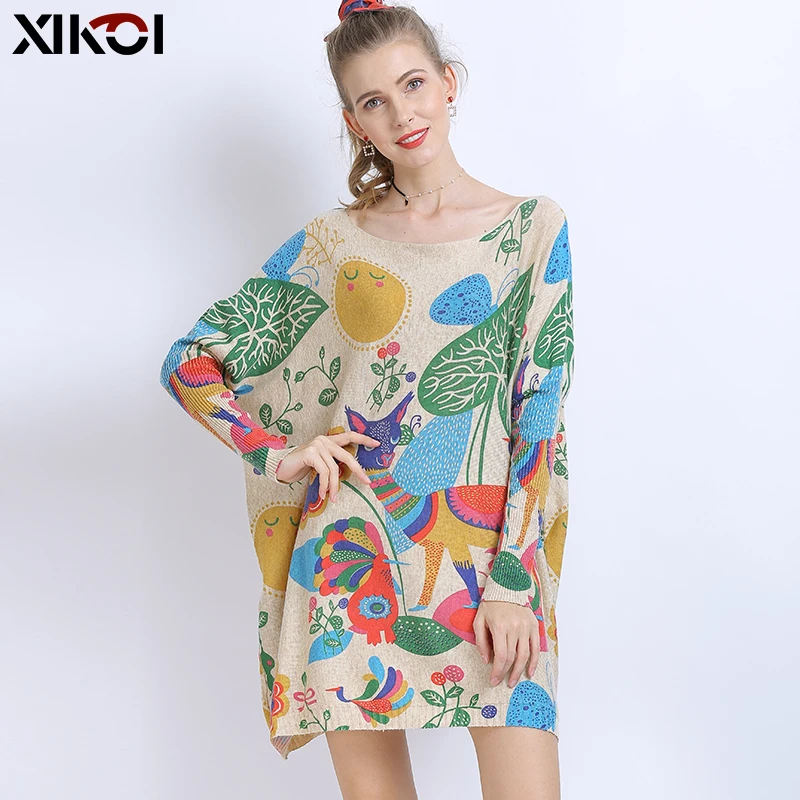 XIKOI Winter Wool Oversized Sweater For Women Warm Long Pullover Dresses Cartoon Print Jumper Casual Knitted Sweaters Pull Femme