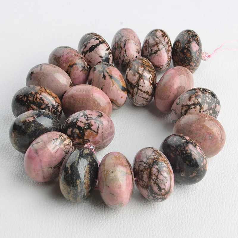 2pcs Large Huge Chunky Natural Rhodonite 18x30mm Smooth Rondelle Pink Black Beads 15