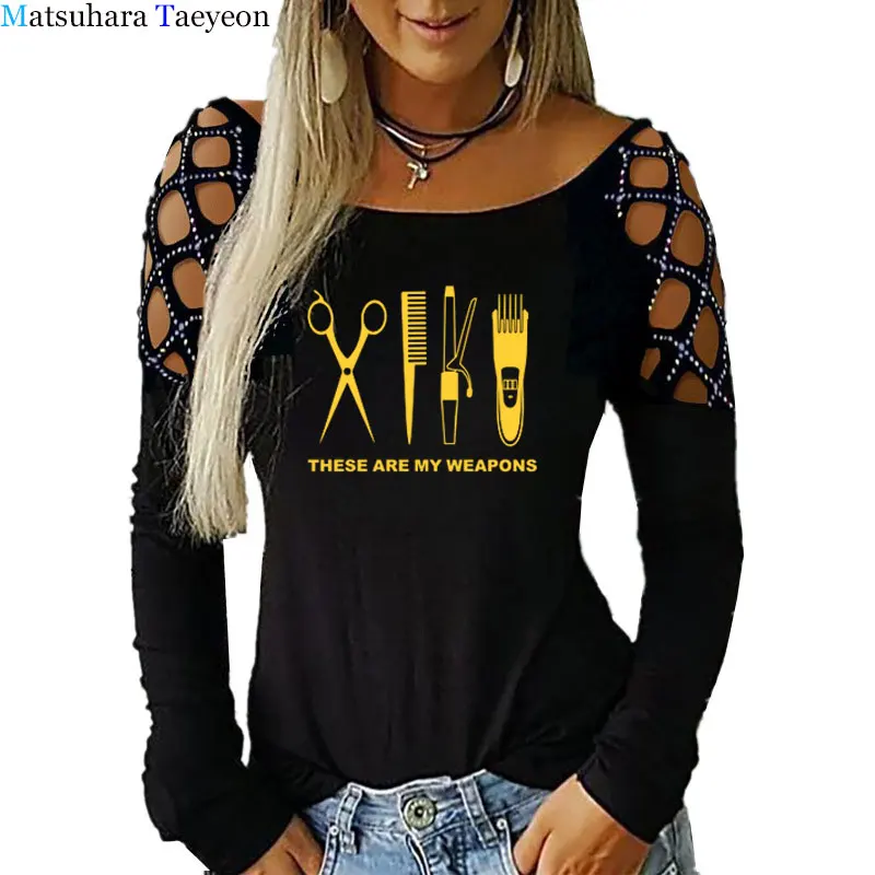 Barber scissors Weapon Long Sleeve T Shirt Women O-Neck Woman's T-shirt Clothing Tops  Hollowing Out Top Tees Autumn spring