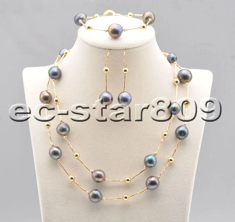 D0371 14mm Golden Black Round Edison Keshi Pearl Bead Necklace Bracelet Earring