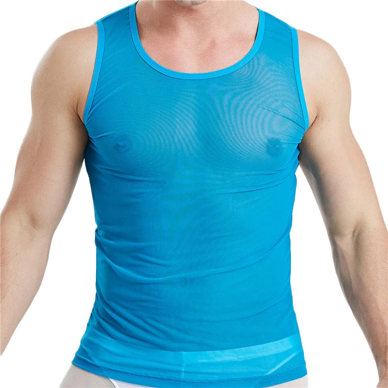 Sexy Men Undershirts Mesh Transparent Breathable Muscle Shapers Fitness Vest Loose Casual Sleepwear Male See Through Tanks Tops