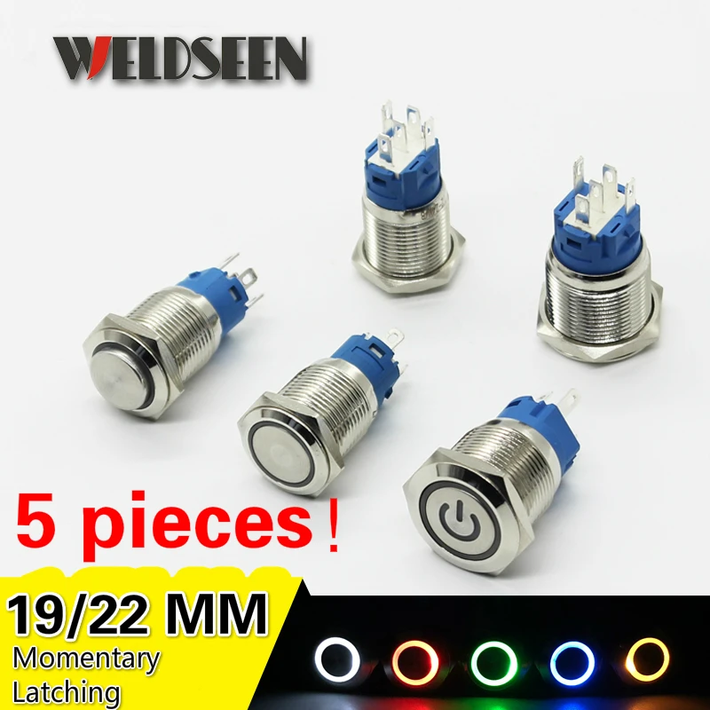 

5 Pieces Metal Push Button Switch LED Light 3V 6V 12V 24V 220V Momentary/Latching Type Button Start Stop