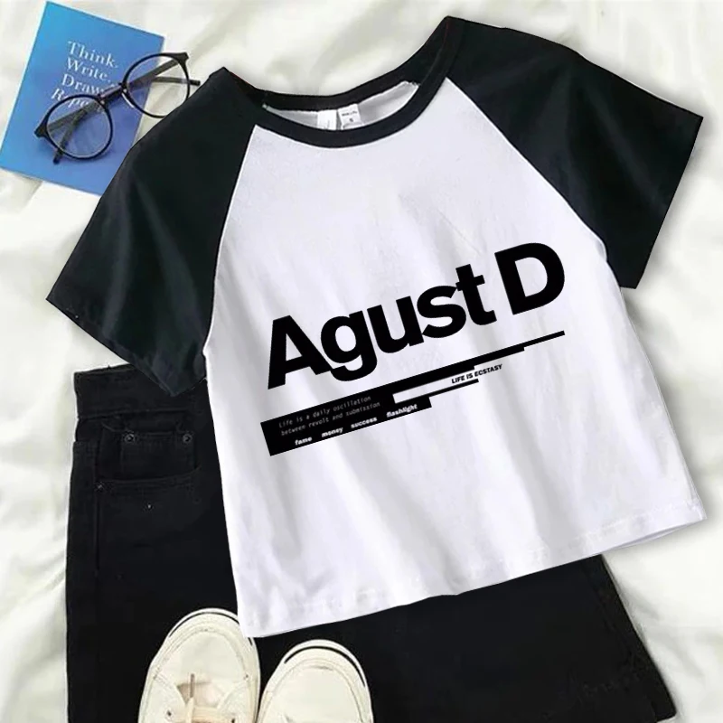 Agust D Black T-shirts Crop Top Y2k Women Female Short Sleeve Tees Summer Clothing Girl Streetwear Harajuku Graphic Tee Tops