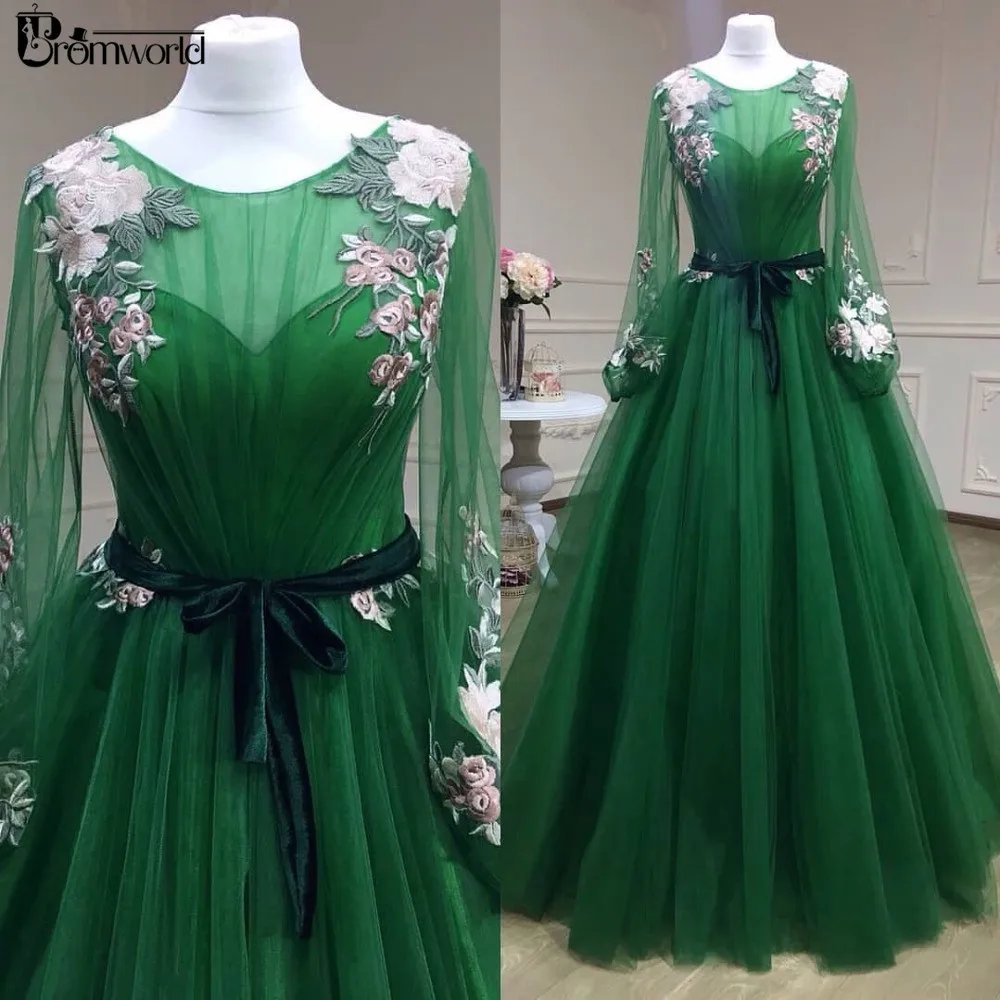 Vestido de fiesta Formal de manga larga para mujer, traje de fiesta de tul de encaje, color verde esmeralda, salida de fábrica, 2021