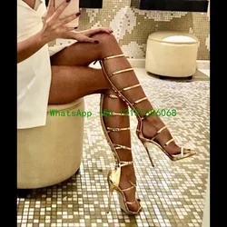 Ladies golden metal decorative high heel boots hollow elegant high heels open toe stiletto high heels cover heel knee sandals