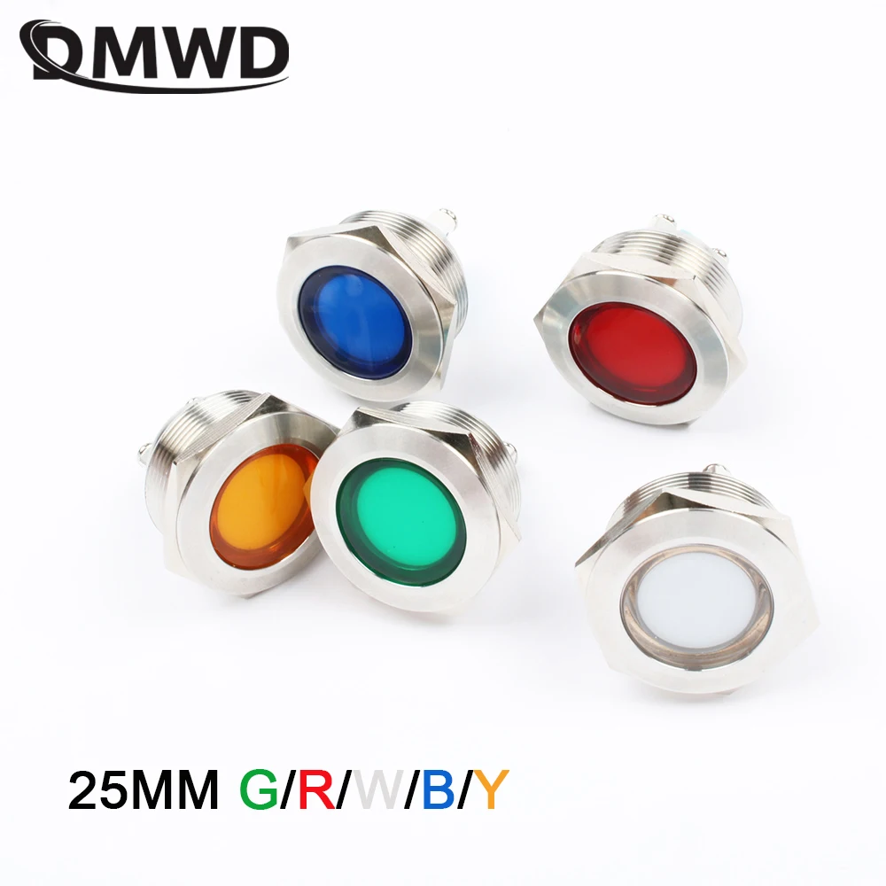 1PC 25mm LED Metal Indicator Light  Flat Round Signal Lamp Light 3V 6V 12V 24V 220v Screw Connect Red Yellow Blue White