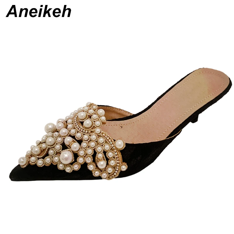 Aneikeh Summer Fashion Women\'s Thin Heels Outside String Bead Basic Solid Flock  Pointed Toe Slippers Shallow Black Size 35-42