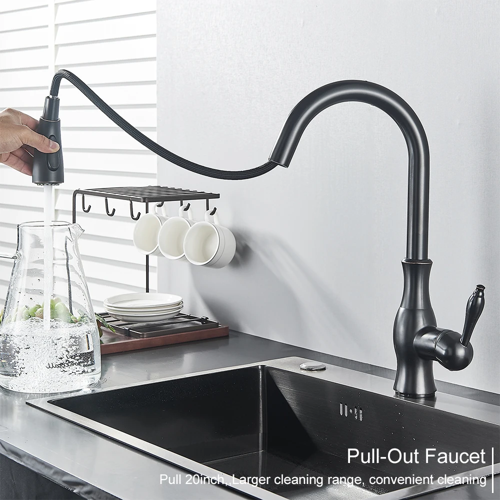 MYQualife Black Pull Out Kitchen Faucet 360 Rotation Single Handle Hot&Cold Mixer For Kitchen Sink Tap Crane Shower Faucet