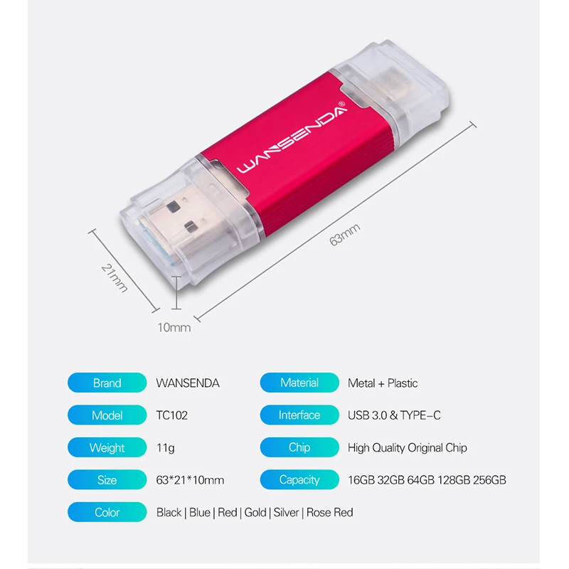 WANSENDA 2 in 1 TYPE-C USB 3.0 Flash drives 512GB 256GB 128GB 64GB 32GB Pen Drive for Android/PC External Storage Memory Stick