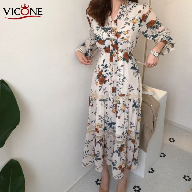 

VICONE Chic Retro Women Summer Dress 2020 Casual Long Sleeve Boho Floral Print Dress Bandage Elegant Dresses