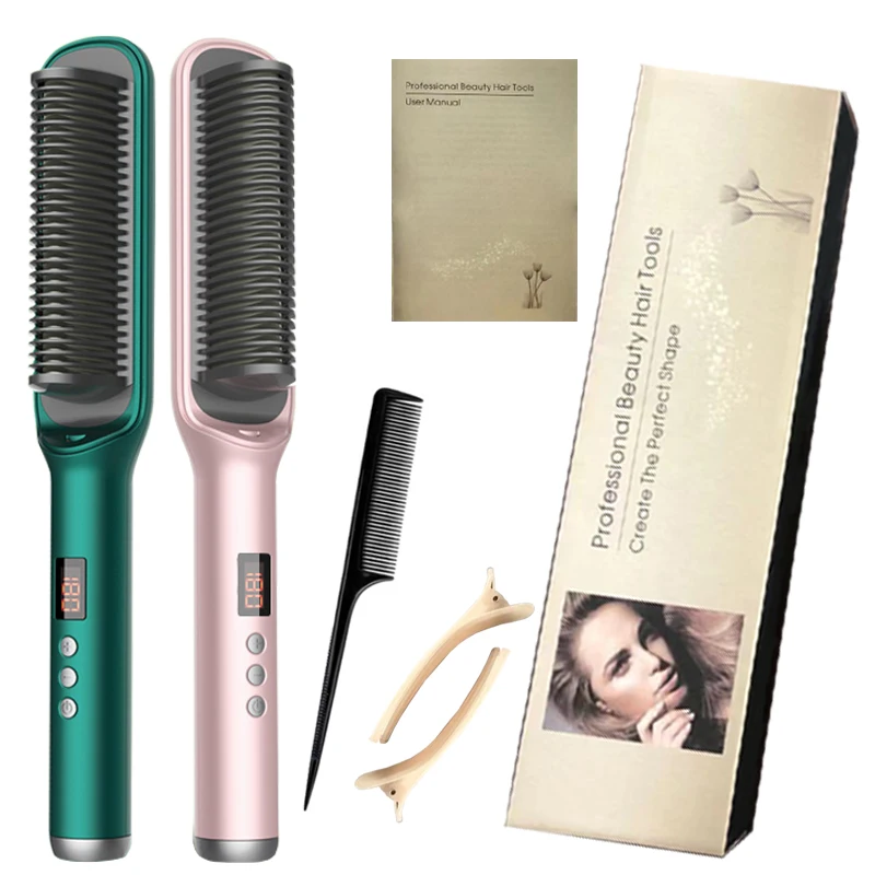 Peine eléctrico profesional de iones negativos para alisar el cabello, herramienta de estilismo con pantalla LCD, 2 en 1