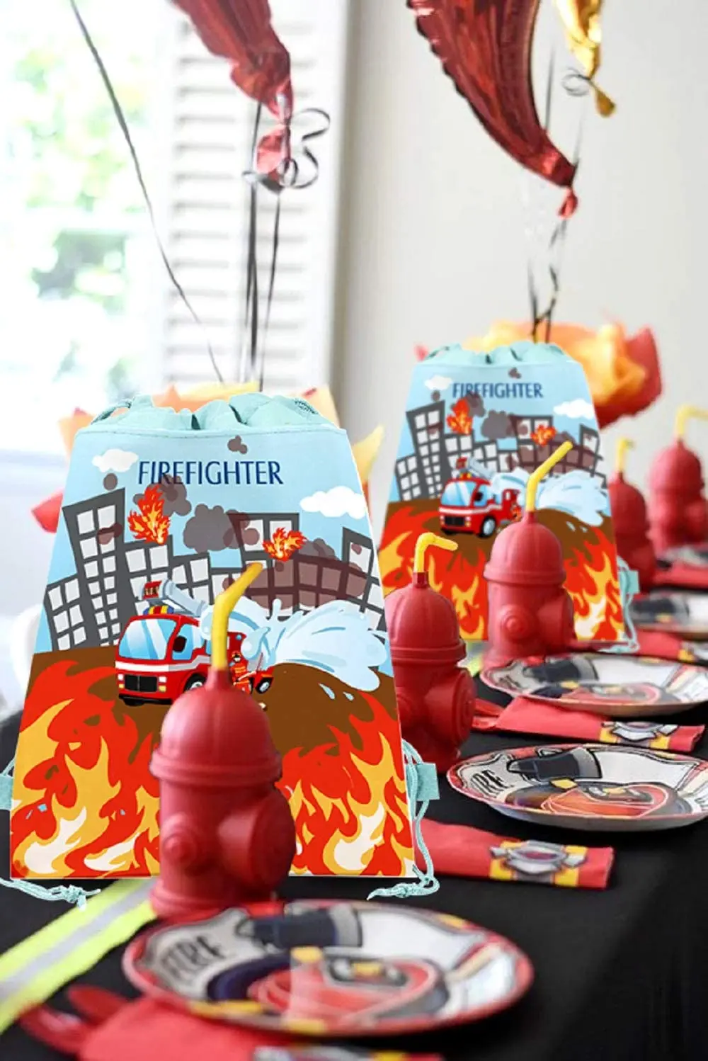 Firetruck Birthday Party Decor Snack Candy Bags Firefighter Drawstring Backpack Fire Party Favor Bags Fireman Theme Supplies