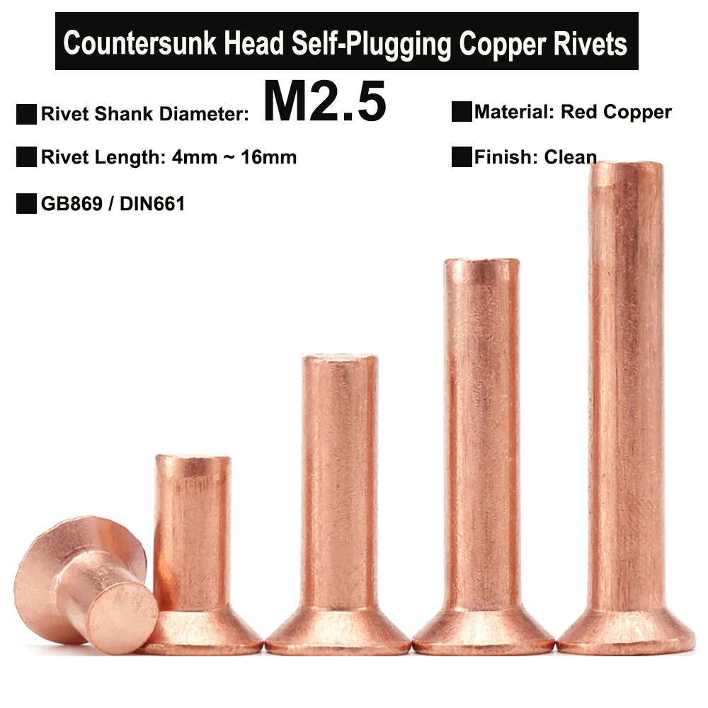 Yiqianyuan GB869 Solid Copper Rivets Countersunk Head Self-plugging Brass Rivet DIN661 M2.5x3mm~16mm