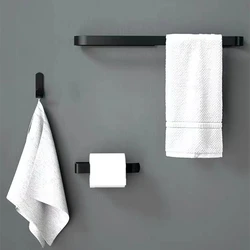 Black Aluminum Bathroom Hardware Kit - Nail-Free Glue Toilet Paper Holder Towel Rack Single Hook Tissue Holder Kitchen Accessory