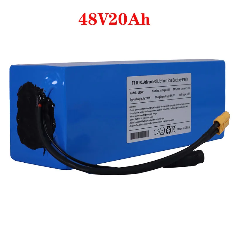 FTJLDC 13S 54.6V 20Ah 18650 Lithium Battery Pack 48V 20Ah 350W/500W/1000W Electric Bicycle Battery Built in 30A BMS XT60 Plug