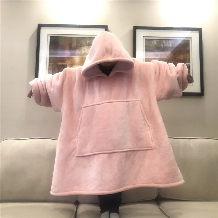 Winter Warm TV Blanket with Sleeves Big Pocket Fleece Family Sherpa Hoodies Oversized Flannel Soft Hooded Robe Blankets Pullover