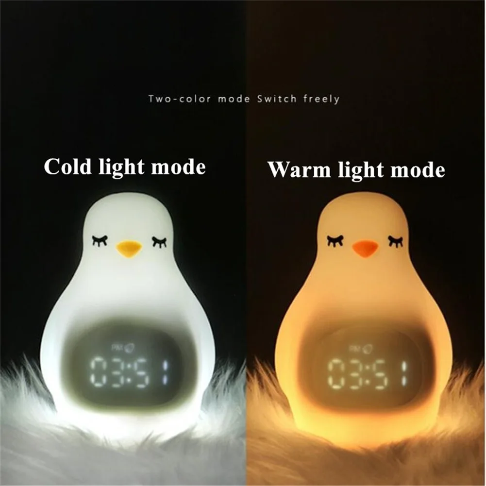 Luz nocturna de pingüino de silicona, reloj despertador electrónico, Control de voz, recargable por USB, lámpara LED de noche para niños, regalo para niños