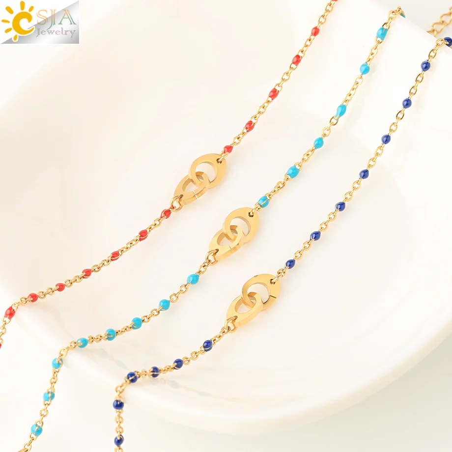 CSJA Trendy Stainless Steel Bracelets for Women Gold Color Link Chain Enamel Beaded Delicate Bracelet Summer Jewelry Gift S757