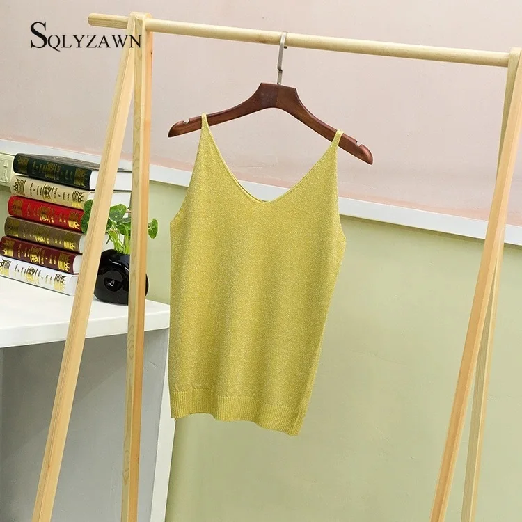 Women 2020 Sexy V Neck Knitted Tank Top Glitter Vest Summer Camisole Women Bright Silk Tank Top Casual Femme Camis Tee 18 Colors