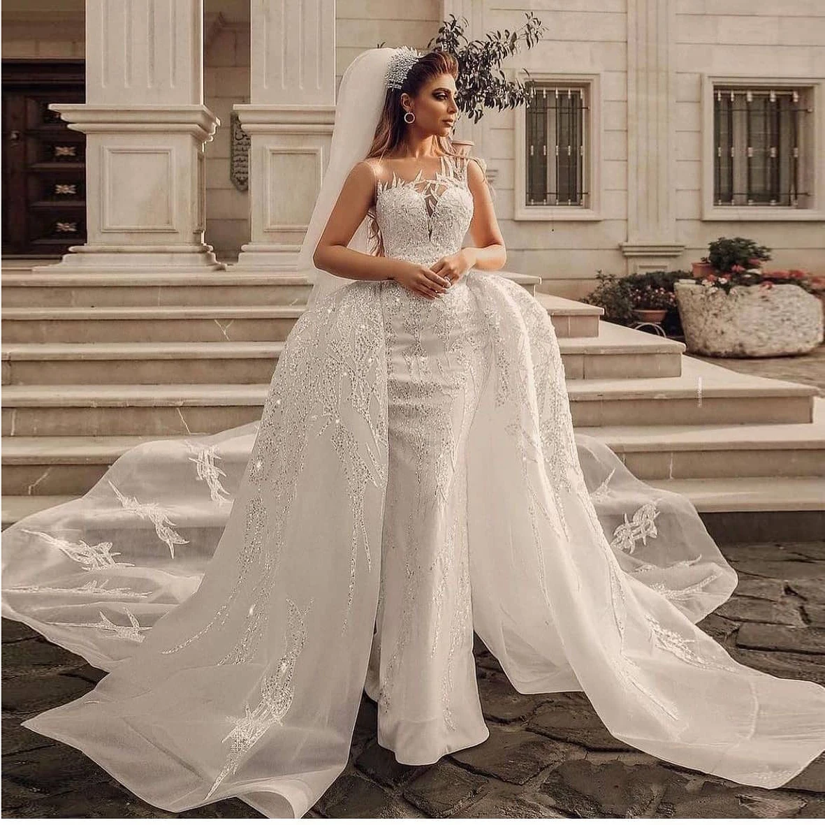 

Exquisute Sequin Lace Organza Mermaid Wedding Dress With Long Detachable Train Sparking Appliques Dubai Bridal Wedding Gown