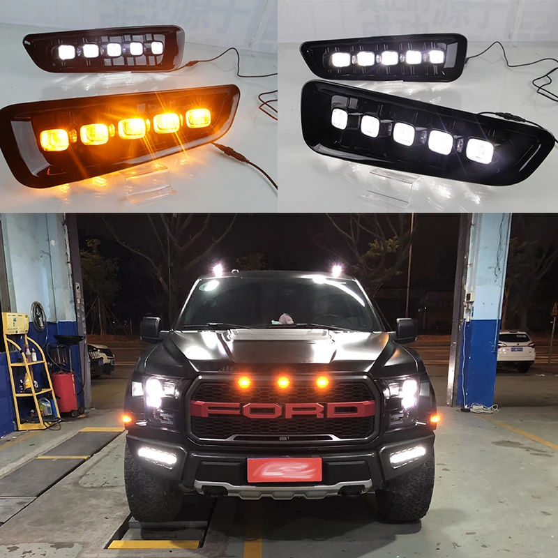 

Car flashing LED DRL Daytime Running Light Daylights for Ford Raptor SVT F150 2016 2017 2018 With Yellow Turn Signal lamp