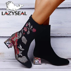 LazySeal Embroider Boots Women Shoes Mid-Calf Colorful Diamond Square Heels Back Zipper Pu Leather Sock Shoe Motorcycle Boots