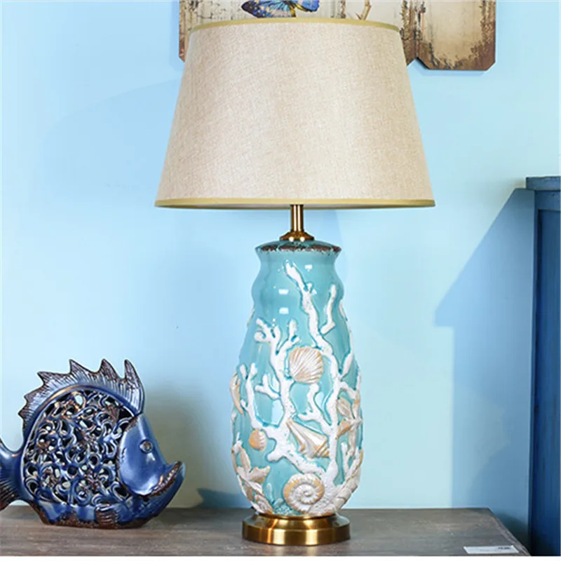 Mediterranean Sea Blue White Coral Ceramic Table Lamp Bed Room Foyer Study Kid's Room Fashion Desk Reading Light LD172