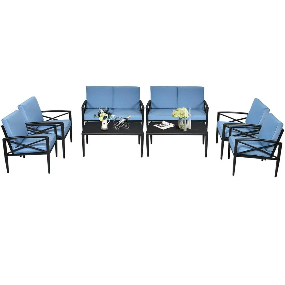 8PCS Patio Furniture Set Aluminum Frame Cushioned Sofa Chair Coffee Table Blue