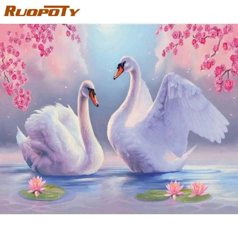 

RUOPOTY 60x75cm Frame DIY Painting By Numbers Swan Handpainted Oil Painting Animals Canvas Colouring Home Wall Decor