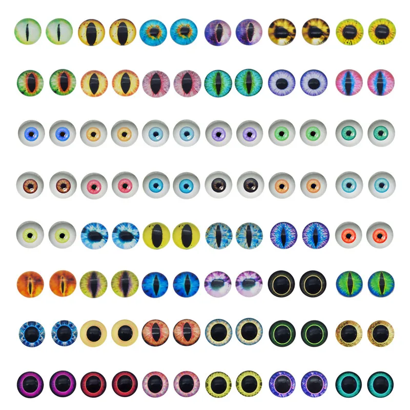 Julie Wang 100PCS (50 Pairs) 6-12mm Glass Cabochons Mixed Round Dragon Human Owl Eyes Flat Back Jewelry Making Accessory