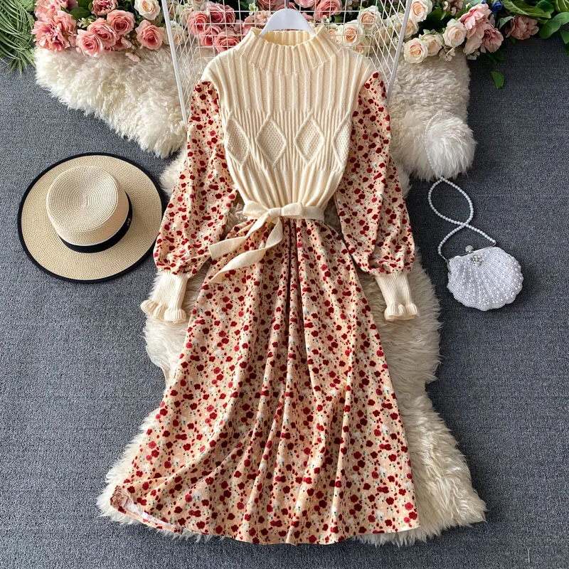 Herfst Vintage Elegante Midi Jurken Voor Vrouwen Patchwork Gebreide Vestidos Slanke Bandage Lange Gewaad Mode Bloemen Corduroy Jurk