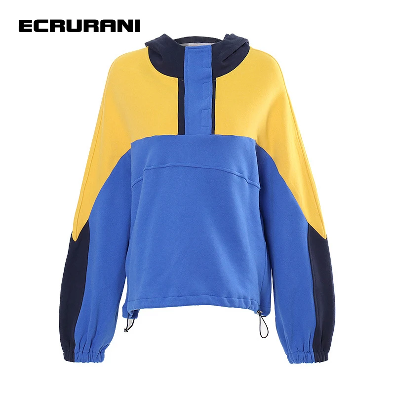 

ECRURANI Patchwork Casual Hoodies For Women O Neck Long Sleeve Hit Color Loose Sweatshirts Females Fashion Clothing 2021 Stylish