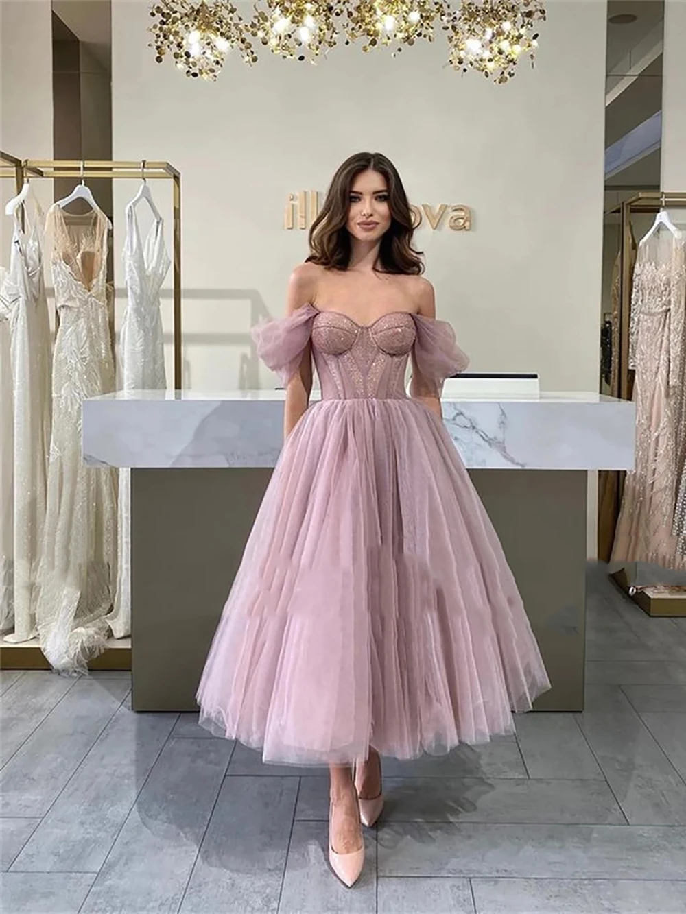 Customized Simple Tulle Short Prom Dresses Off The Shoulder Formal Party Gowns Fitted Bones Women Saudi Arabia Homecoming Dress