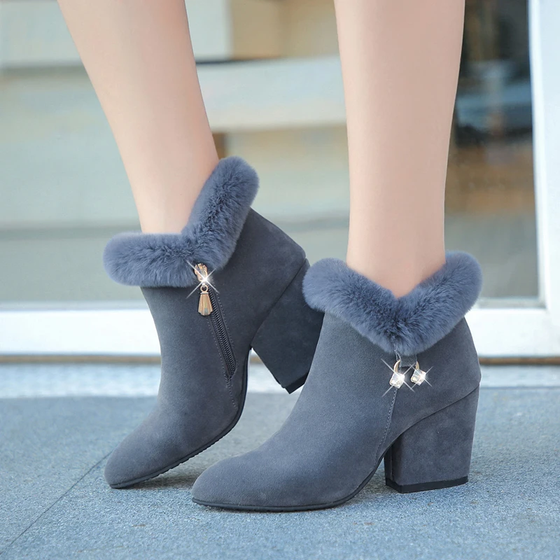 Fashion boots women fur Winter warm Pointed Ankle Boots Sexy Rhinestone Decoration Zipper women boots comfortable female shoes