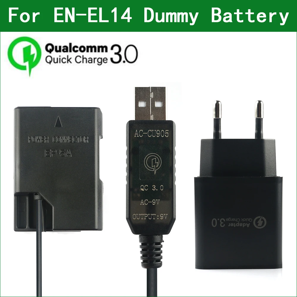 

QC3.0 EN-EL14 EL14A EP-5A Dummy Battery Power Bank USB Cable for Nikon D3100 D3200 D3300 D3400 D3500 D5100 D5200 D5300 D5500