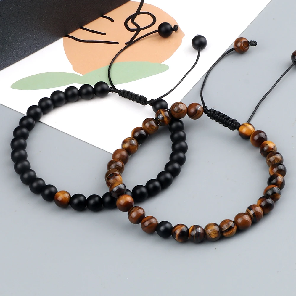 2pcs/set Red Beaded Bracelets Natural Tiger Eye Stone Rock Strand Handmade Braided Rope Bracelets&Bangle Women Men Charm Jewelry
