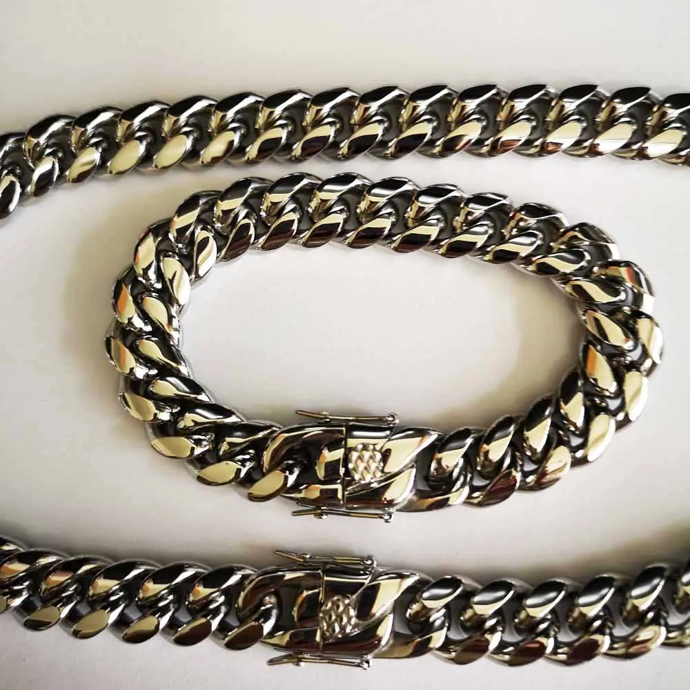 8/10/12/14/16/18mm Stainless Steel Rapper Miami Cuban Link Chain Necklace Bracelet Sets Rapper Cool Hip Hop Mens Punk Jewelry