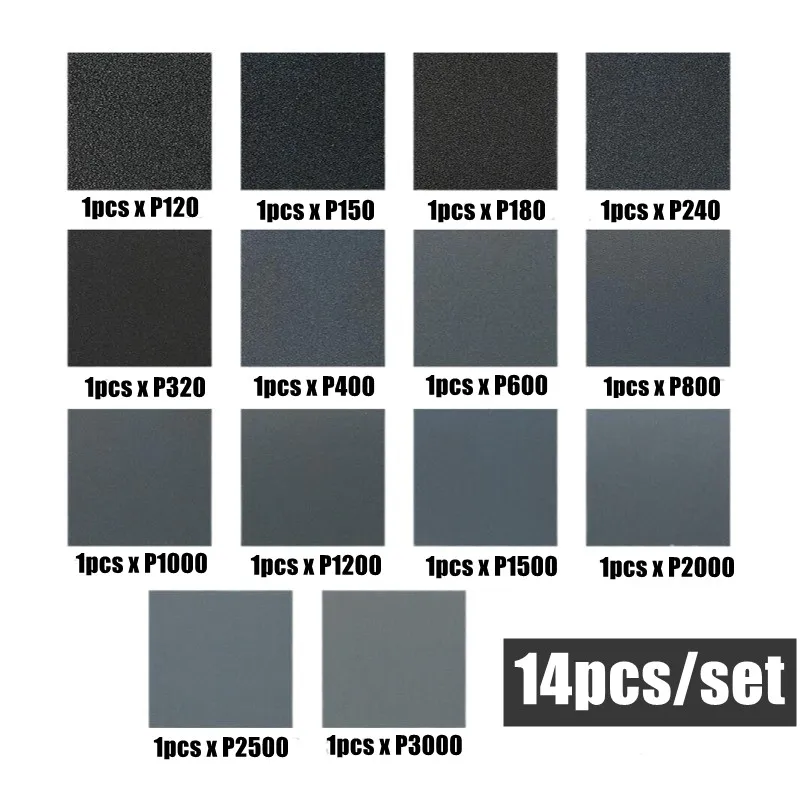 14 Buah Amplas Basah Kering 120-3000 Grit Bermacam-macam Lembar Kertas Abrasif untuk Pengamplasan Otomotif Furnitur Kayu Finishing 23*9CM